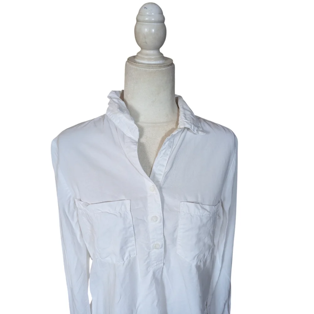 Side Stitch White button Placket Shirt Tencel Chest Pockets Tab Sleeves Sz S - Picture 2 of 10